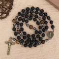 Black Lava Stone Rosary with Yellow Tiger Eye St. Benedict Medal & Cross Necklace for Men's Nazareth Store