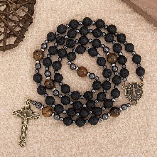 Black Lava Stone Rosary with Yellow Tiger Eye St. Benedict Medal & Cross Necklace for Men's - Nazareth Store