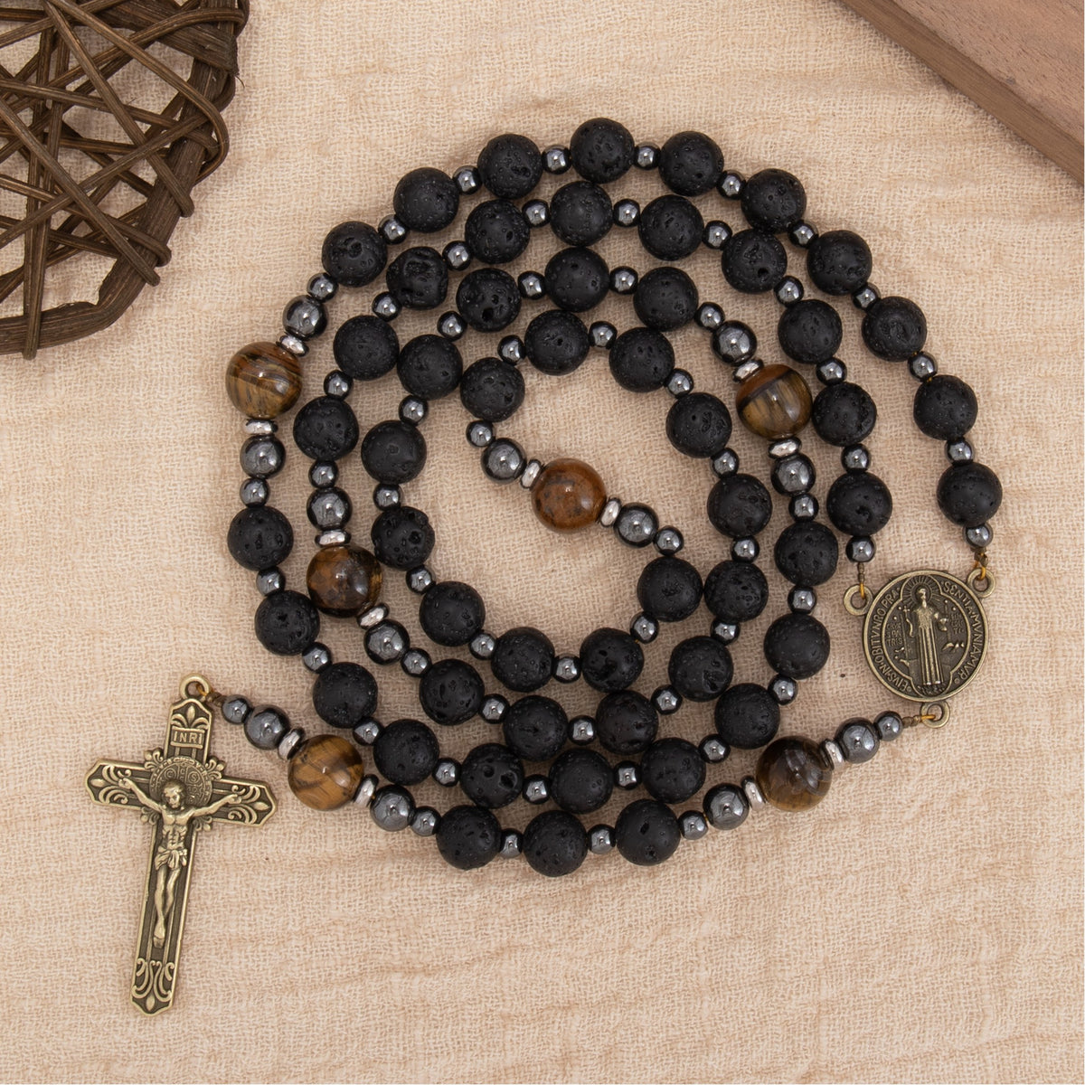 Black Lava Stone Rosary with Yellow Tiger Eye St. Benedict Medal & Cross Necklace for Men's - Nazareth Store
