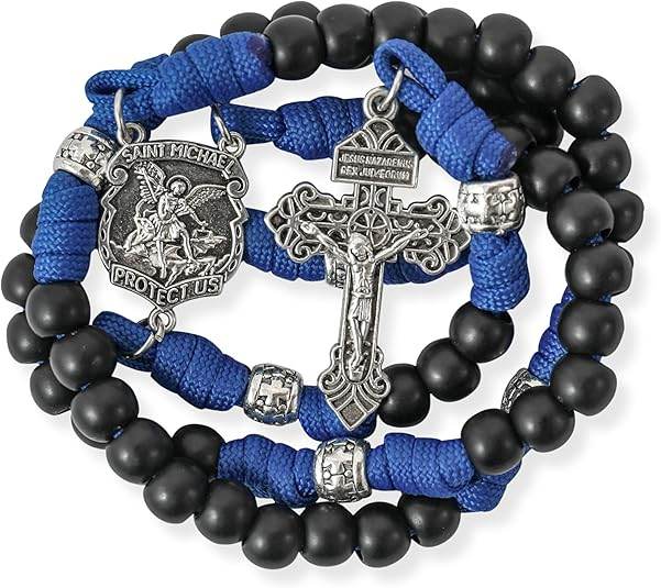 St.Michael Black Beads Blue Paracord Rosary Rugged Beaded Pardon