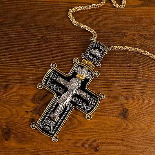 Black Enamel Orthodox Cross Pendant Gold Plated Necklace