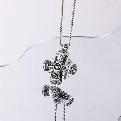 This Black Enamel Jerusalem Cross Necklace is a striking and meaningful piece, blending deep black enamel with a sophisticated antique silver-plated finish.