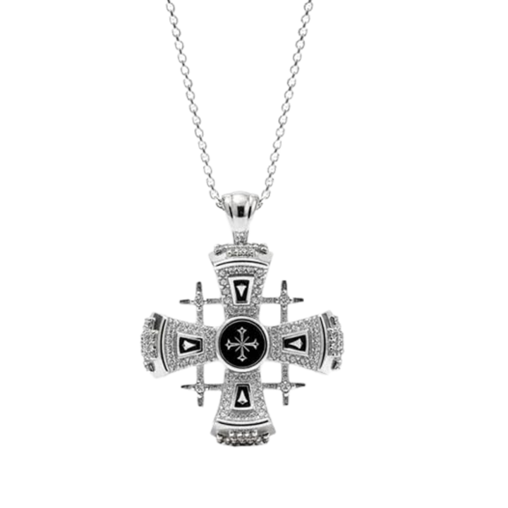 Jerusalem Cross Necklace Black Enamel Silver Plated Pendant