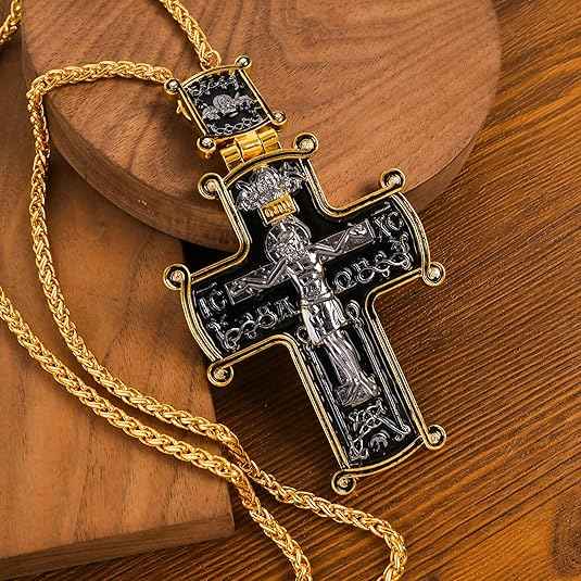 Black Enamel Orthodox Cross Pendant Gold Plated Necklace