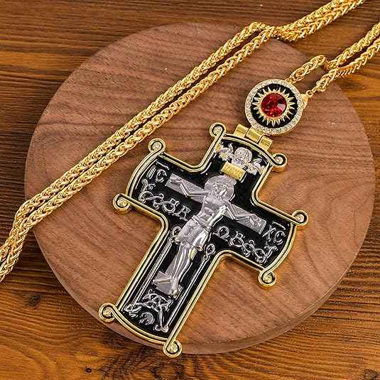 18K Gold Plated Black Pectoral Cross Pendant Red Stone Crucifix Necklace