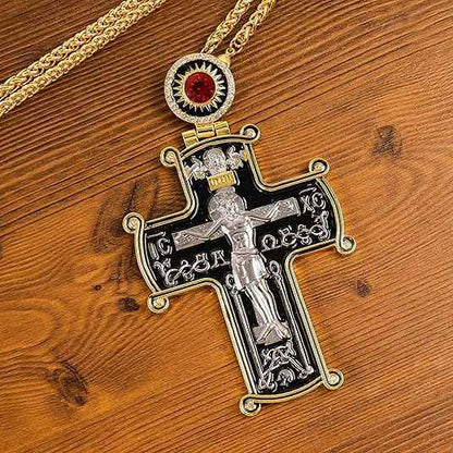 18K Gold Plated Black Pectoral Cross Pendant Red Stone Crucifix Necklace