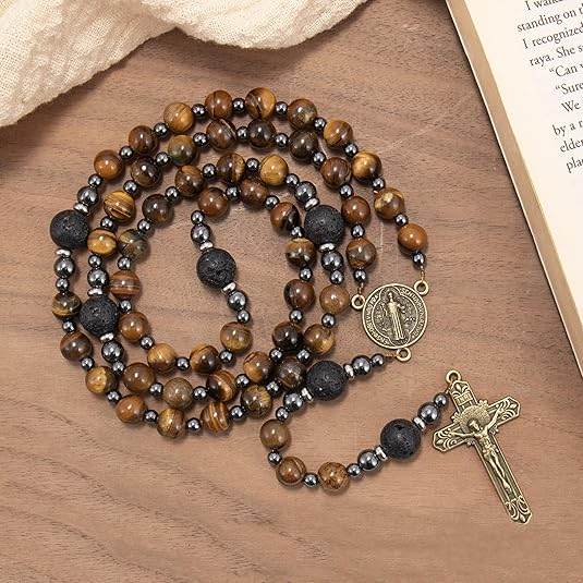Brown Tiger Eye Catholic Rosary with St. Benedict Medal & Cross Necklace for Men's - Nazareth Store