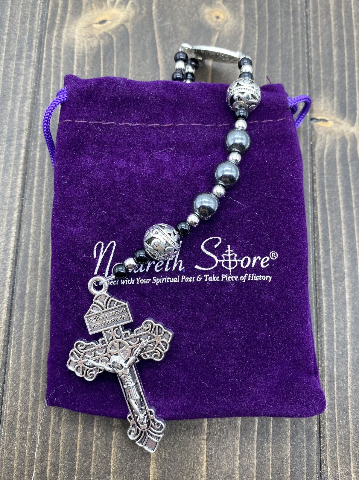 Black Hematite Beads Rosary Stainless Knotted Necklace Miraculous Medal & Cross - Nazareth Store