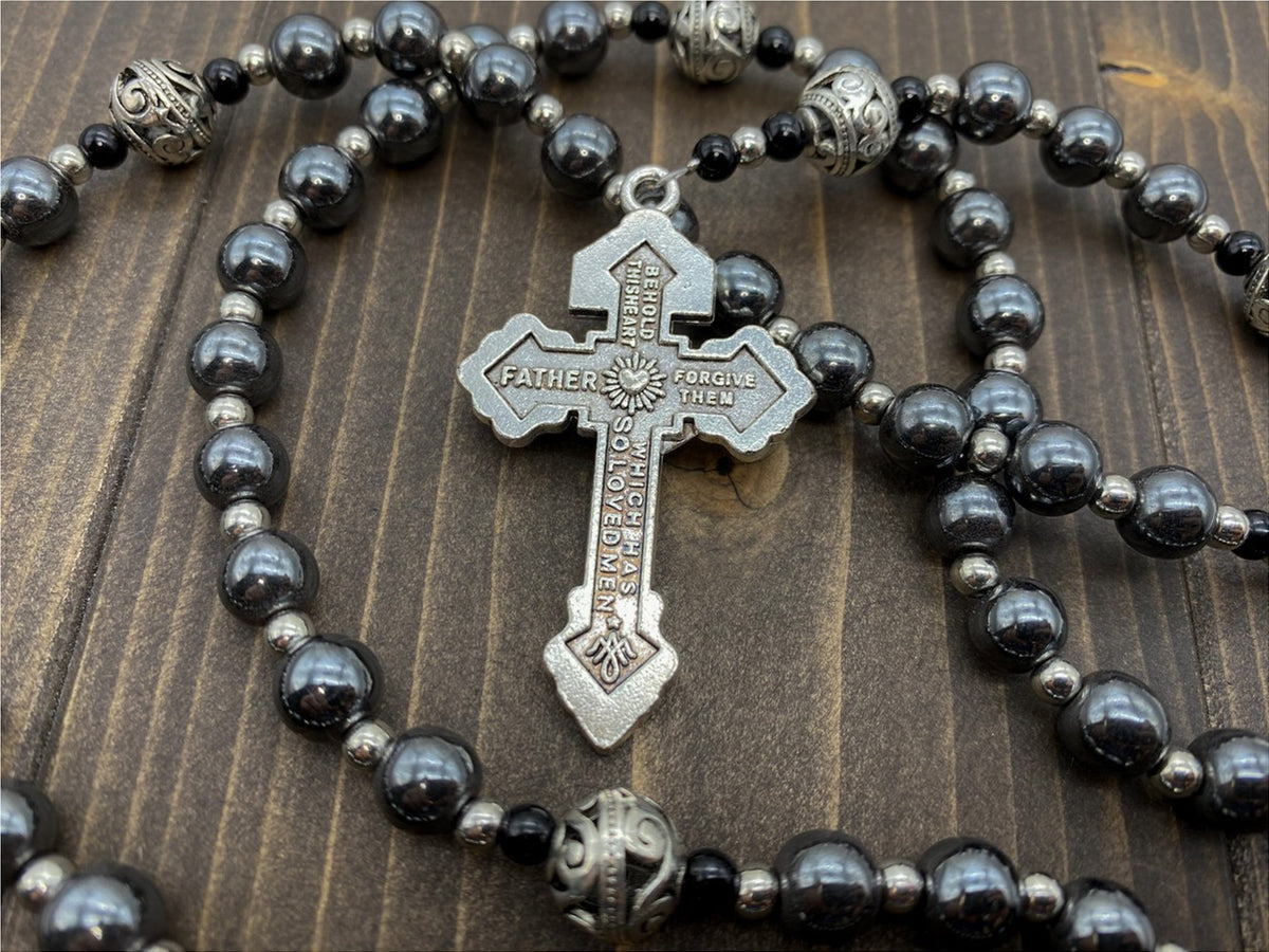 Black Hematite Beads Rosary Stainless Knotted Necklace Miraculous Medal & Cross - Nazareth Store