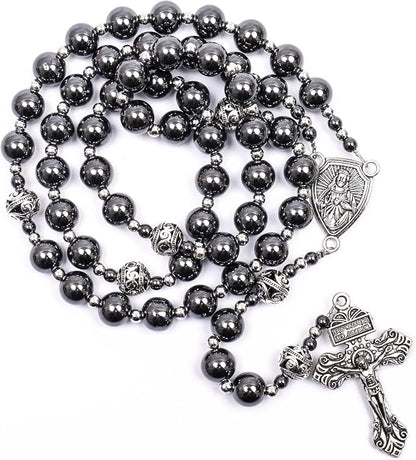 Black Stone Hematite Rosary Necklace Metal Beaded with Our Father Medal & Cross - Nazareth Store 
