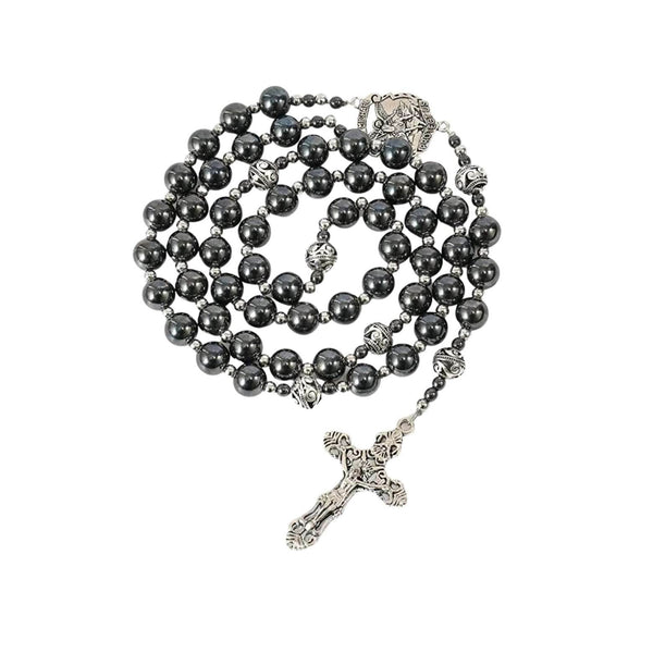 Black Hematite 10mm Rosary Necklace with Saint Michael Medal & Silver Crucifix - Nazareth Store