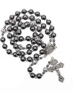 Black Stone Hematite Rosary Necklace Metal Beaded with Saint Joseph Medal & Cross-Nazareth Store 