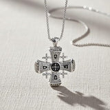 Jerusalem Cross Necklace Black Enamel Silver Plated Pendant