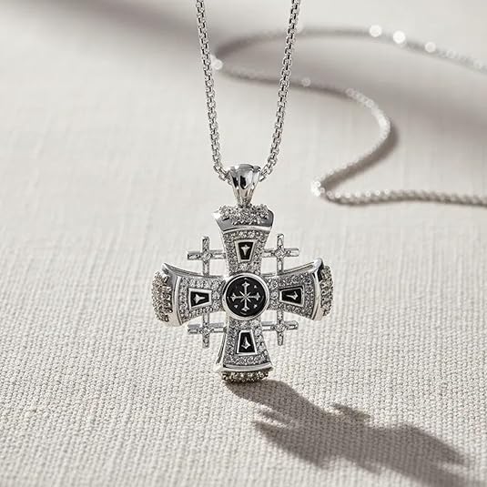Jerusalem Cross Necklace Black Enamel Silver Plated Pendant