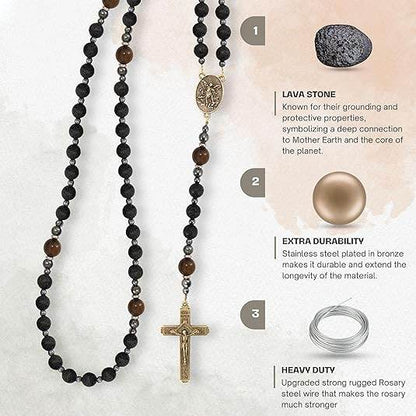 Black Lava Stone Rosary with Yellow Tiger Eye St. Michael Medal & Cross Necklace for Men's - Nazareth Store