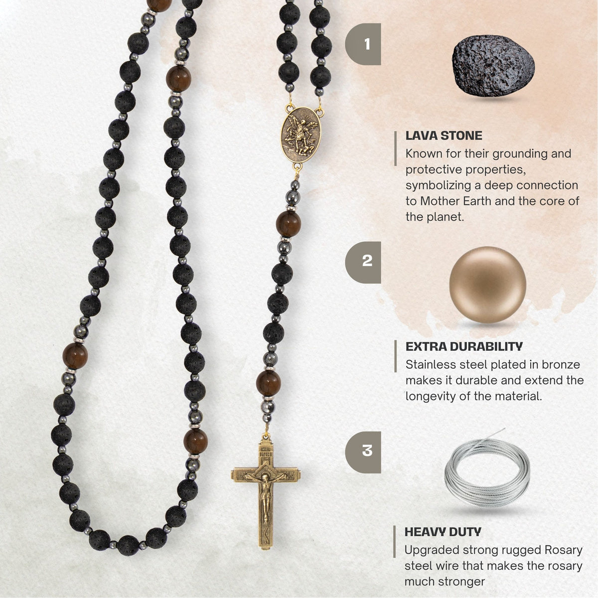 Black Lava Stone Rosary with Yellow Tiger Eye St. Michael Medal & Cross Necklace for Men's - Nazareth Store
