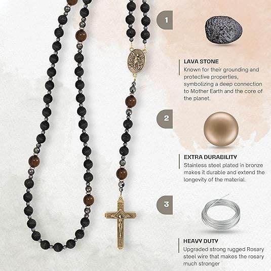 Black Lava Stone Rosary with Yellow Tiger Eye St. Michael Medal & Cross Necklace for Men's - Nazareth Store