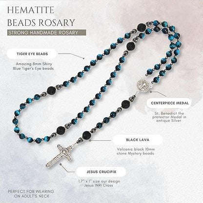Men's Blue Tiger Eye Rosary with Lava Beads St. Benedict Medal & Cross - Nazareth Store