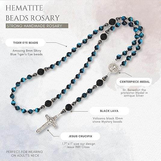 Men's Blue Tiger Eye Rosary with Lava Beads St. Benedict Medal & Cross - Nazareth Store