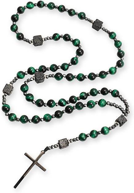Green Tiger Eye & Lava Stone 9mm Beads Rosary Necklace with Black Alloy Cross - Nazareth Store