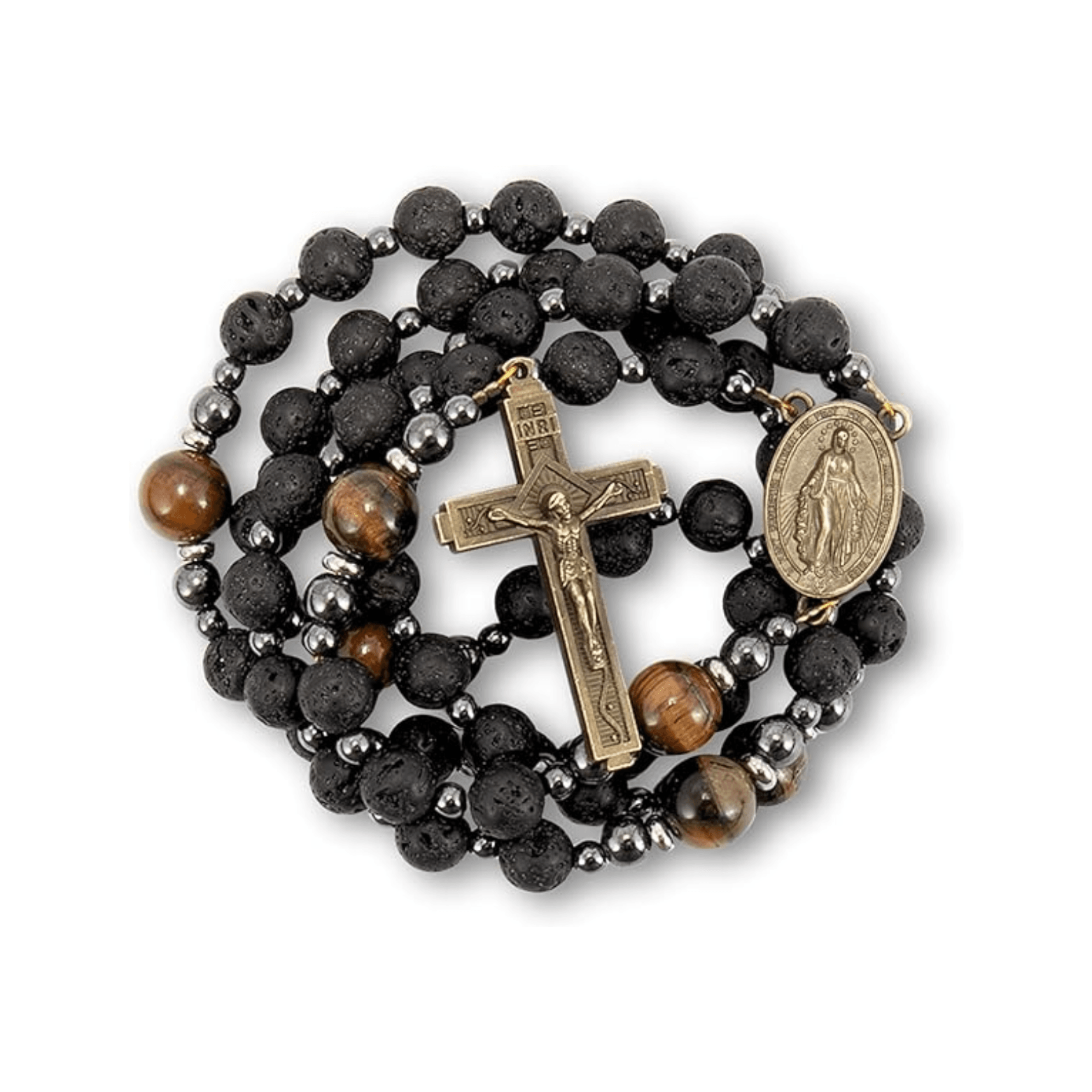 Black Lava Stone Rosary with Yellow Tiger Eye Miraculous Medal & Cross Necklace for Men's - Nazareth Store