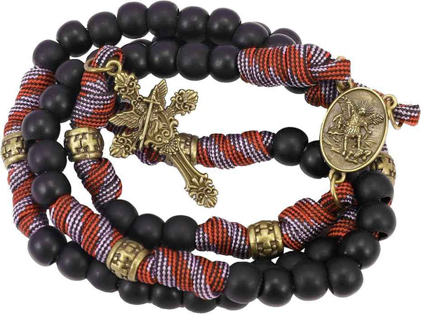 Black Matte Beaded Red Paracord Rosary Necklace Bronze St. Michael Medal & INRI Crucifix