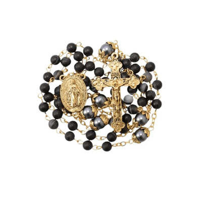 Matte Stone & Pearl Round Beads Rosary Gold Necklace Miraculous Medal & Cross - Nazareth Store