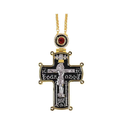 18K Gold Plated Black Pectoral Cross Pendant Red Stone Crucifix Necklace