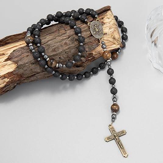 Black Lava Stone Rosary with Yellow Tiger Eye St. Michael Medal & Cross Necklace for Men's - Nazareth Store