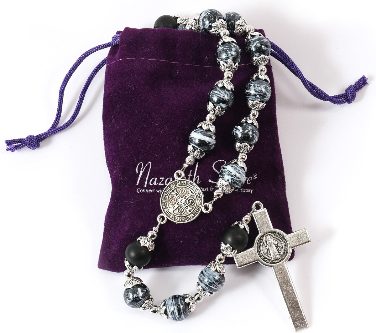 Black Agate Rosary Beads Necklace with Medal Cross - Nazareth Store