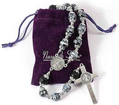 Black Agate Rosary Beads Necklace with Medal Cross - Nazareth Store