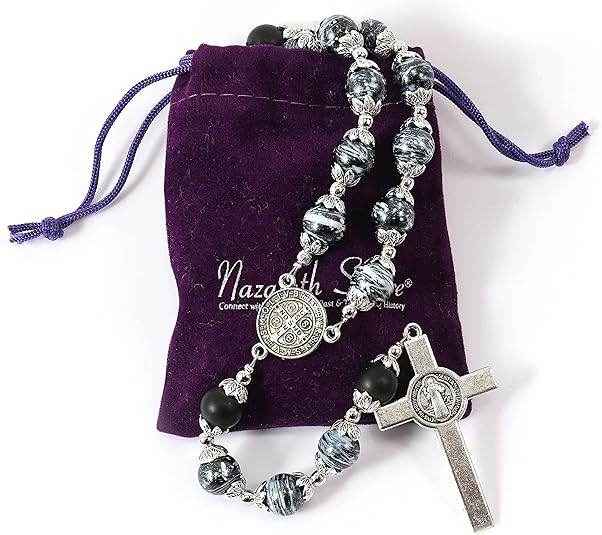 Black Agate Rosary Beads Necklace with Medal Cross - Nazareth Store