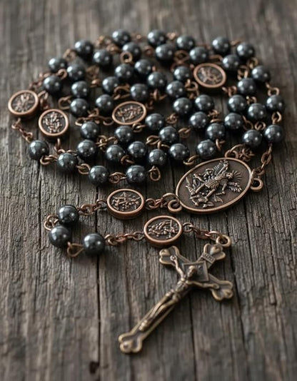 Black Hematite Copper St. Michael Stone Beads Rosary Necklace with Metal Box - Nazareth Store