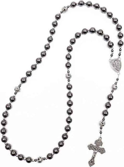 Black Stone Hematite Rosary Necklace Metal Beaded with Saint Joseph Medal & Cross-Nazareth Store 