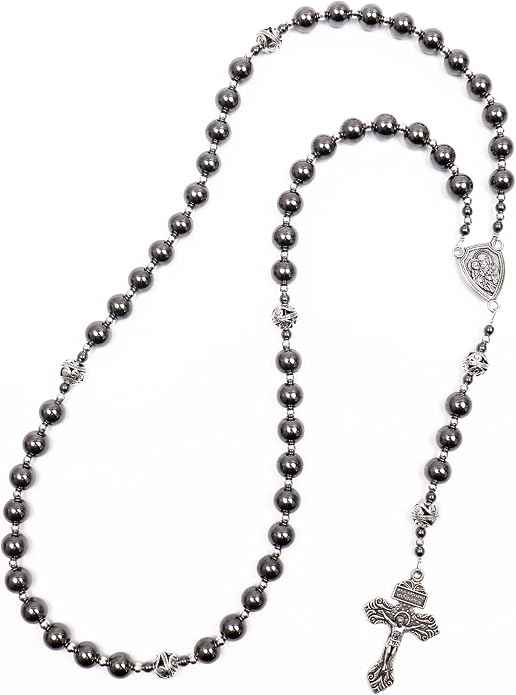 Black Stone Hematite Rosary Necklace Metal Beaded with Saint Joseph Medal & Cross-Nazareth Store 