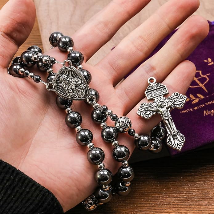 Black Stone Hematite Rosary Necklace Metal Beaded with Our Father Medal & Cross - Nazareth Store 