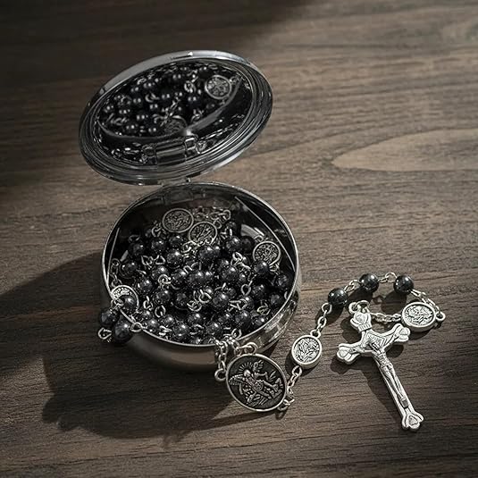 Black Hematite Silver St. Michael Stone Beads Rosary Necklace with Metal Box - Nazareth Store