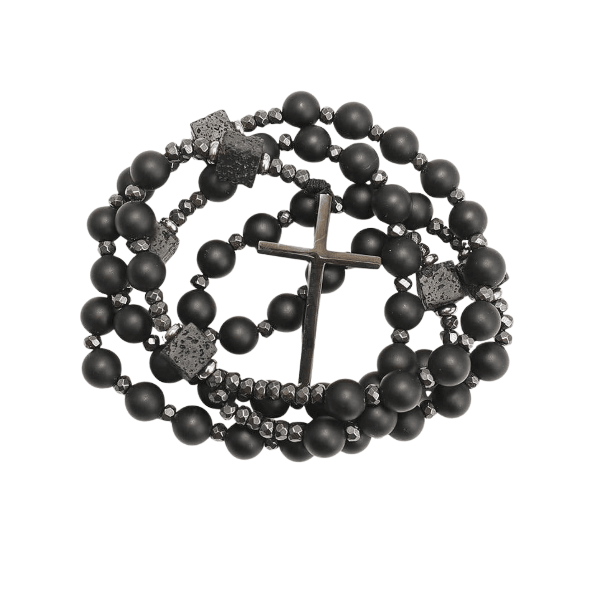 Black Tiger Eye & Lava Stone 9mm Beads Rosary Necklace with Black Alloy Cross - Nazareth Store