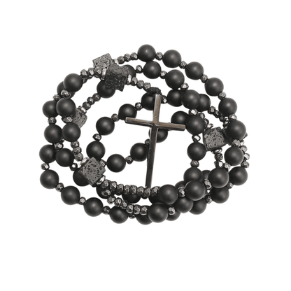 Black Tiger Eye & Lava Stone 9mm Beads Rosary Necklace with Black Alloy Cross - Nazareth Store
