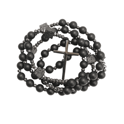 Black Tiger Eye & Lava Stone 9mm Beads Rosary Necklace with Black Alloy Cross - Nazareth Store