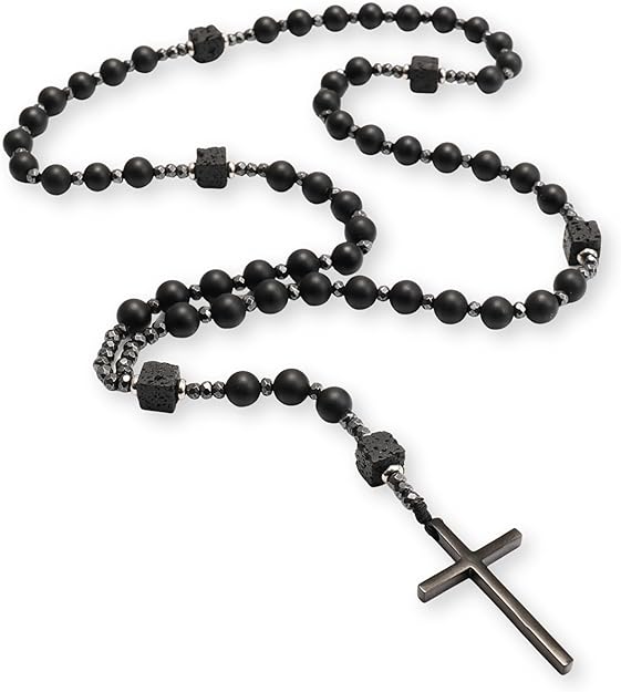 Black Tiger Eye & Lava Stone 9mm Beads Rosary Necklace with Black Alloy Cross Nazareh Store