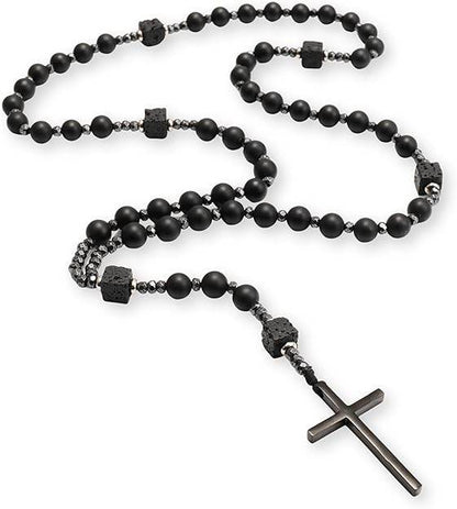 Black Tiger Eye & Lava Stone 9mm Beads Rosary Necklace with Black Alloy Cross - Nazareth Store