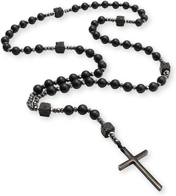 Black Tiger Eye & Lava Stone 9mm Beads Rosary Necklace with Black Alloy Cross - Nazareth Store