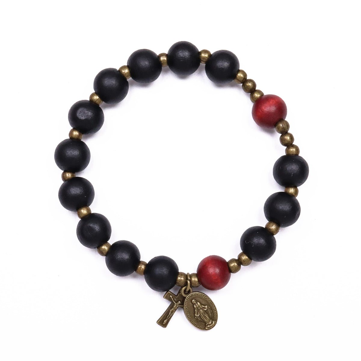Handmade Catholic Stretchable Bracelet Wood Beads Antique Bronze Religious Gift for Men and Women