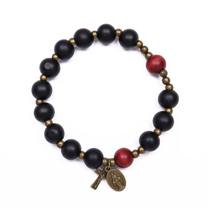 Handmade Catholic Stretchable Bracelet Wood Beads Antique Bronze Religious Gift for Men and Women