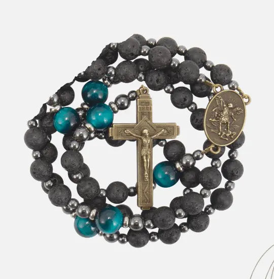 Black lava beads rosary with blue tiger eye stone with St. Michael Medal
