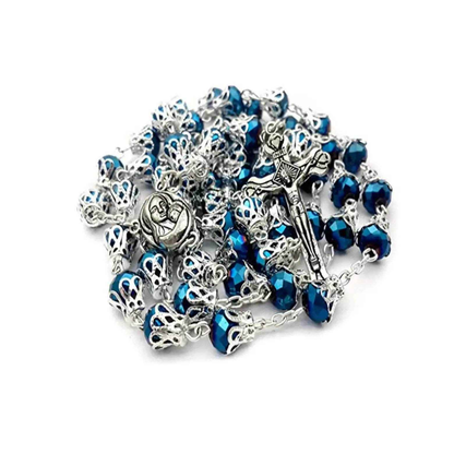 Blue Crystallized Glass Beads Rosary Necklace Holy Soil Medal & Cross Crucifix - Nazareth Store