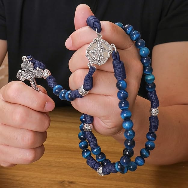 Blue Tiger Eye One Decade Rosary Beads Paracord Set St. Michael Necklace & St. Benedict 22" Nazareth Store