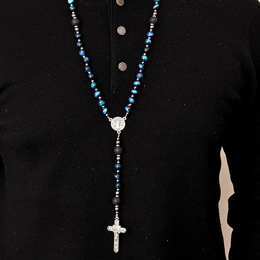 Men's Blue Tiger Eye Rosary with Lava Beads St. Benedict Medal & Cross Nazareth Store
