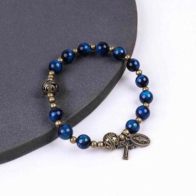 Blue Tiger Eye Rosary Bracelet with Metal Separators Miraculous Medal and Cross - Nazareth Store